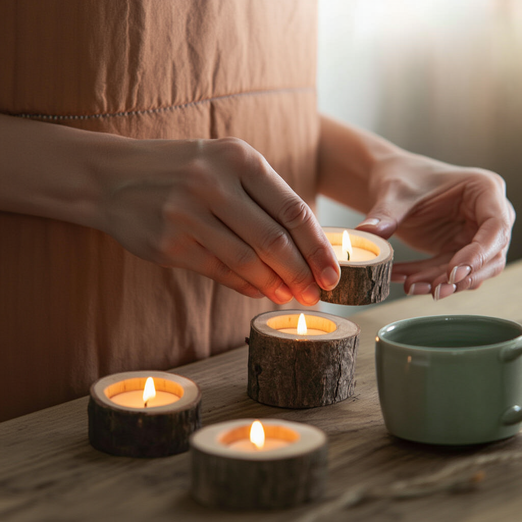 Elyveve Lichtnest | Set aus 3 Teelichthaltern aus Naturholz für Rituale der Gelassenheit