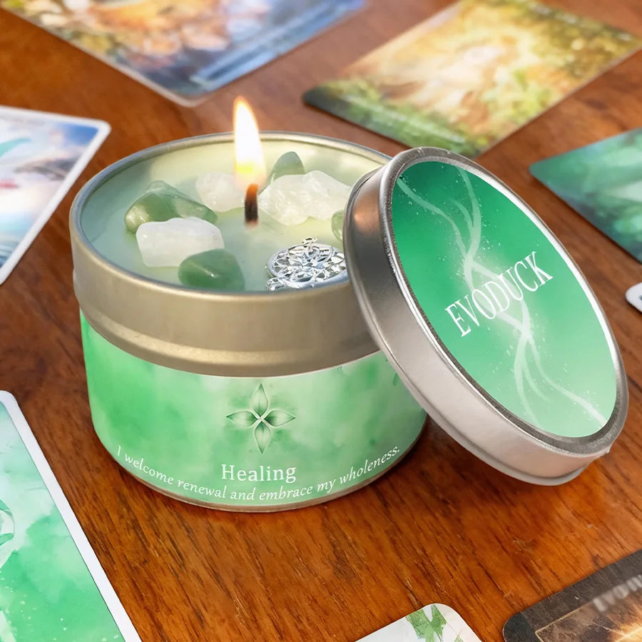 Ritualkerze Grüne Aura | Mit Aventurin-Kristallen und natürlichem Sojawachs | Duft von Lavendel & Eukalyptus