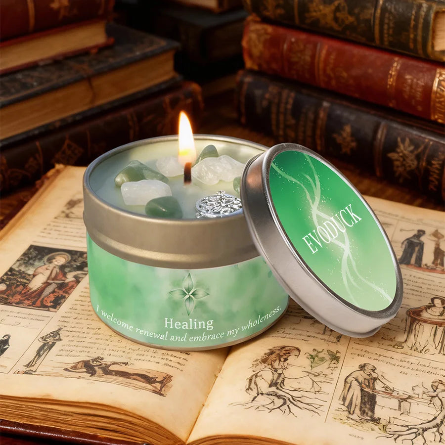 Ritualkerze Grüne Aura | Mit Aventurin-Kristallen und natürlichem Sojawachs | Duft von Lavendel & Eukalyptus